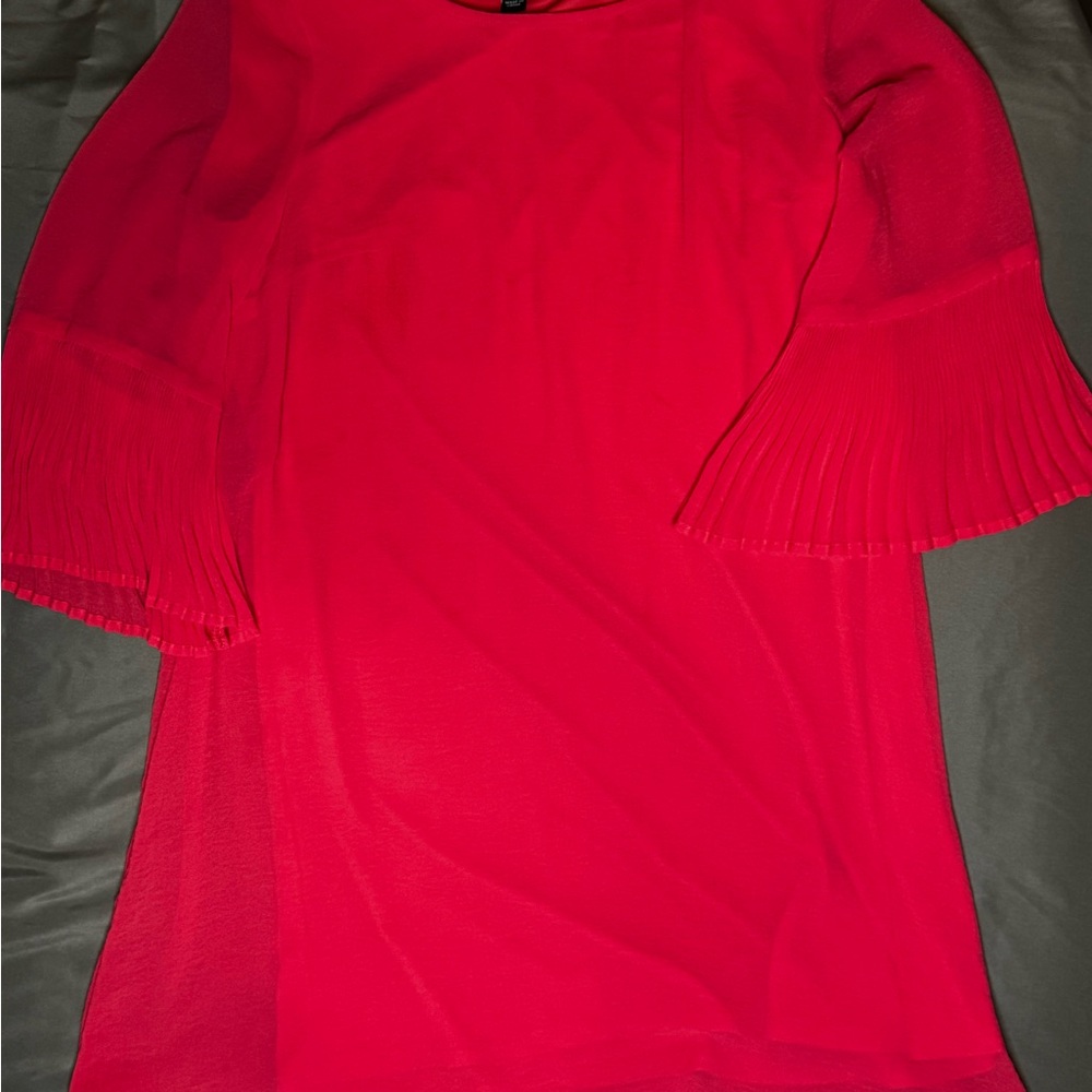 Chloe + Rene Red Coral Tunic Dress Size Small Pleated Bell Sleeve NWT - Picture 6 of 7